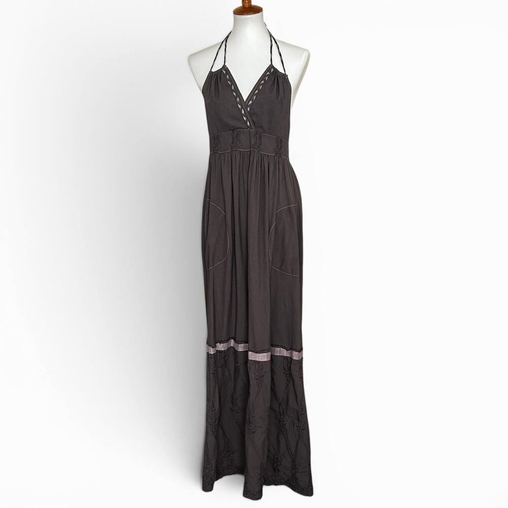 Burning Torch Organic Cotton Maxi Sundress Gray Embroidered Halter Size Small